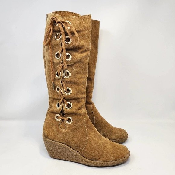 MICHAEL Michael Kors Shoes - Michael Kors Brown Leather Lace Up Wedge Tall Boots Womens 6.5 M Boho Festival